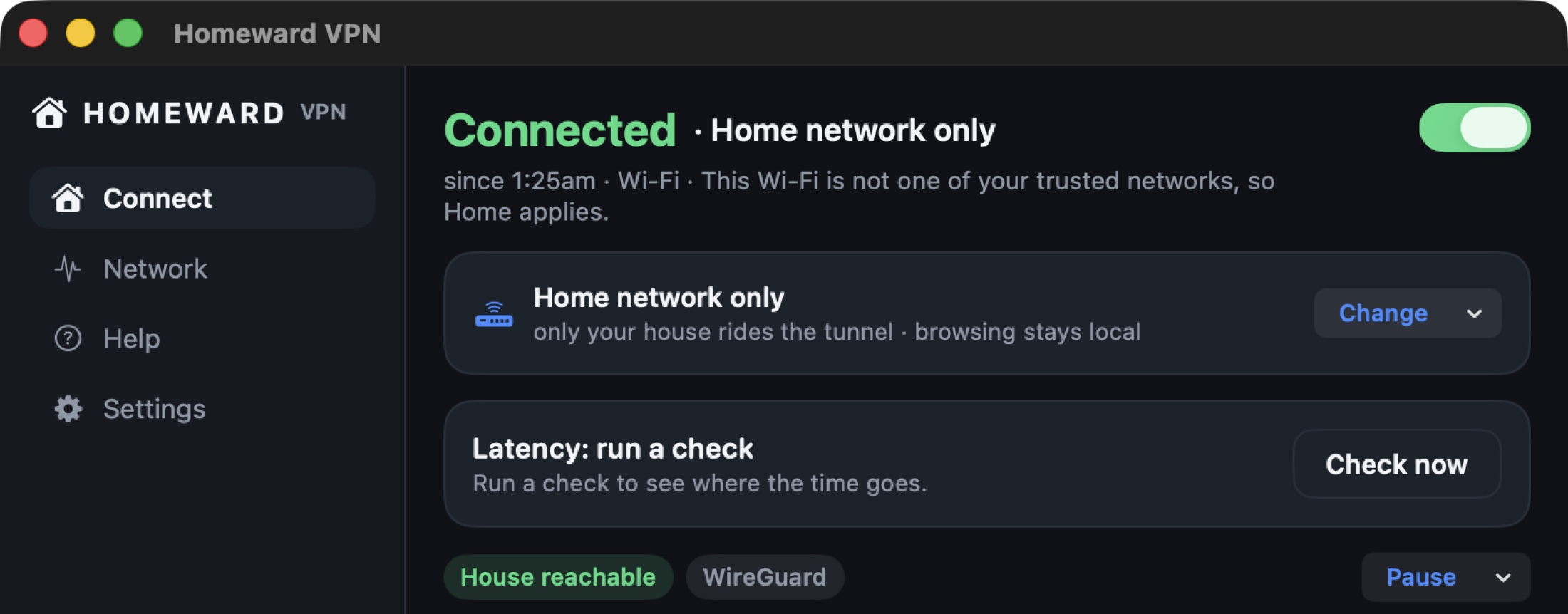 Homeward Connect tab on Mac: connected in Home network only mode, live status chips, and pause control
