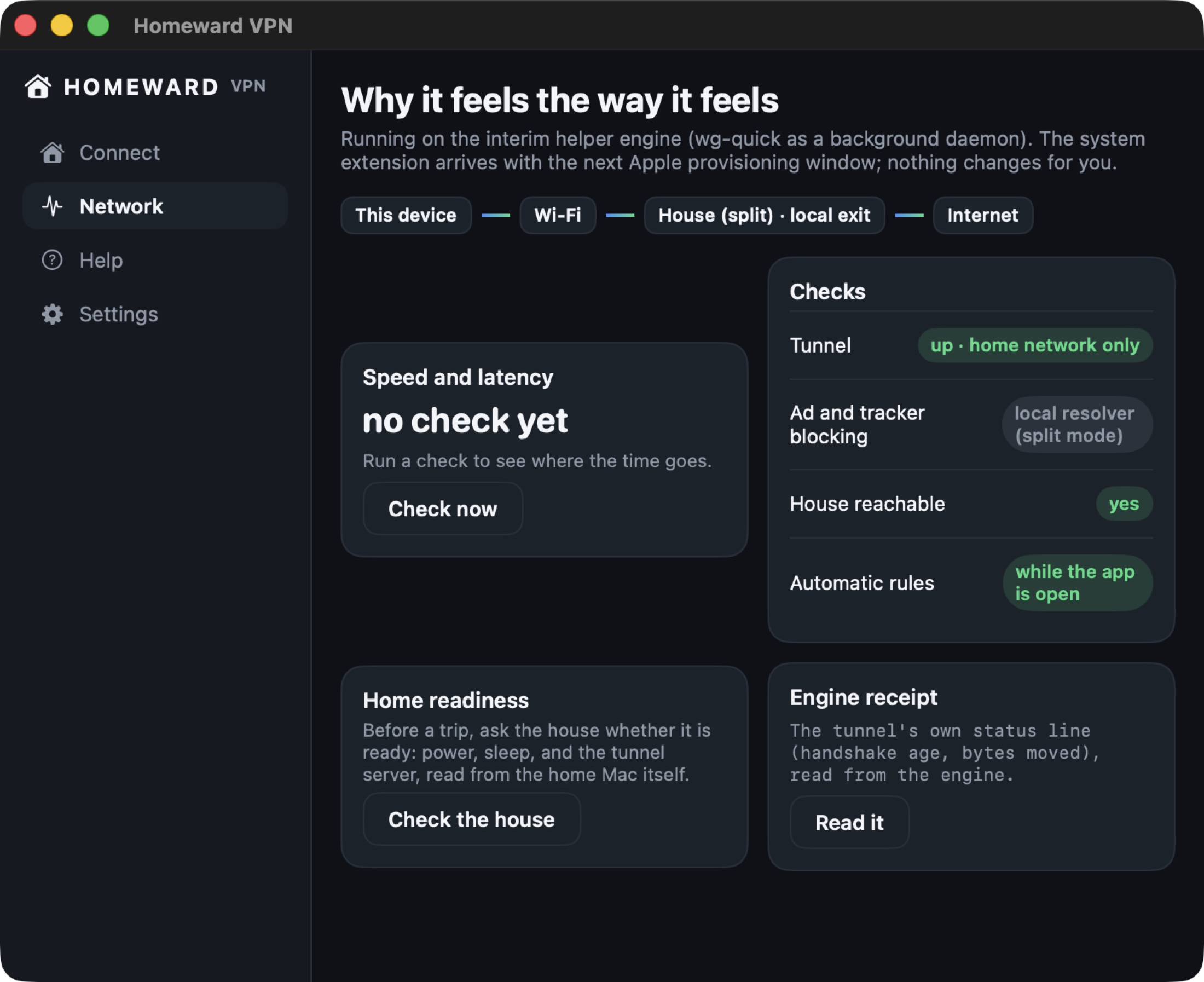 Homeward Network tab on Mac: speed and latency check, home readiness, and the engine receipt