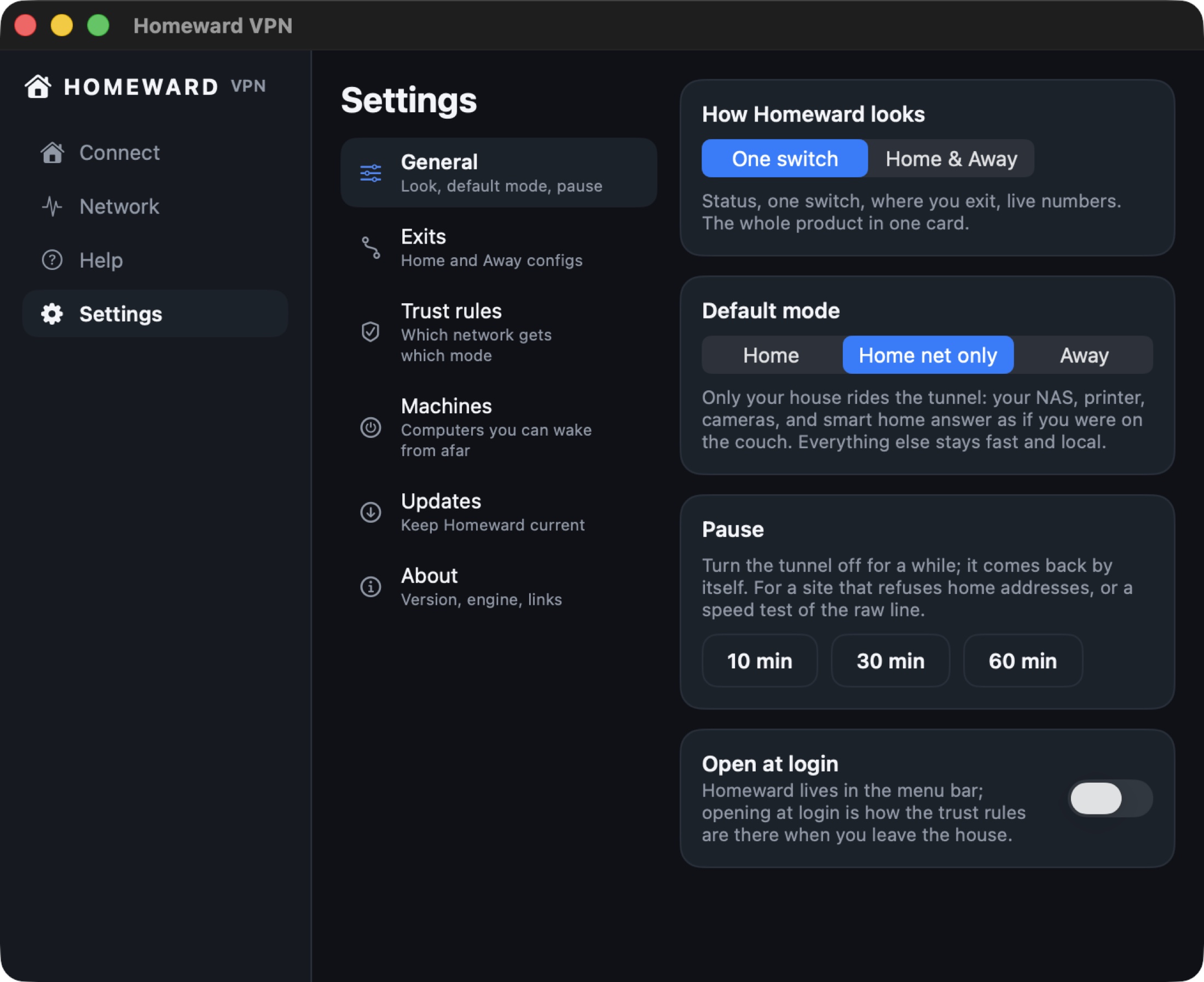 Homeward Settings on Mac in dark mode: general options, default mode, pause durations, and open at login