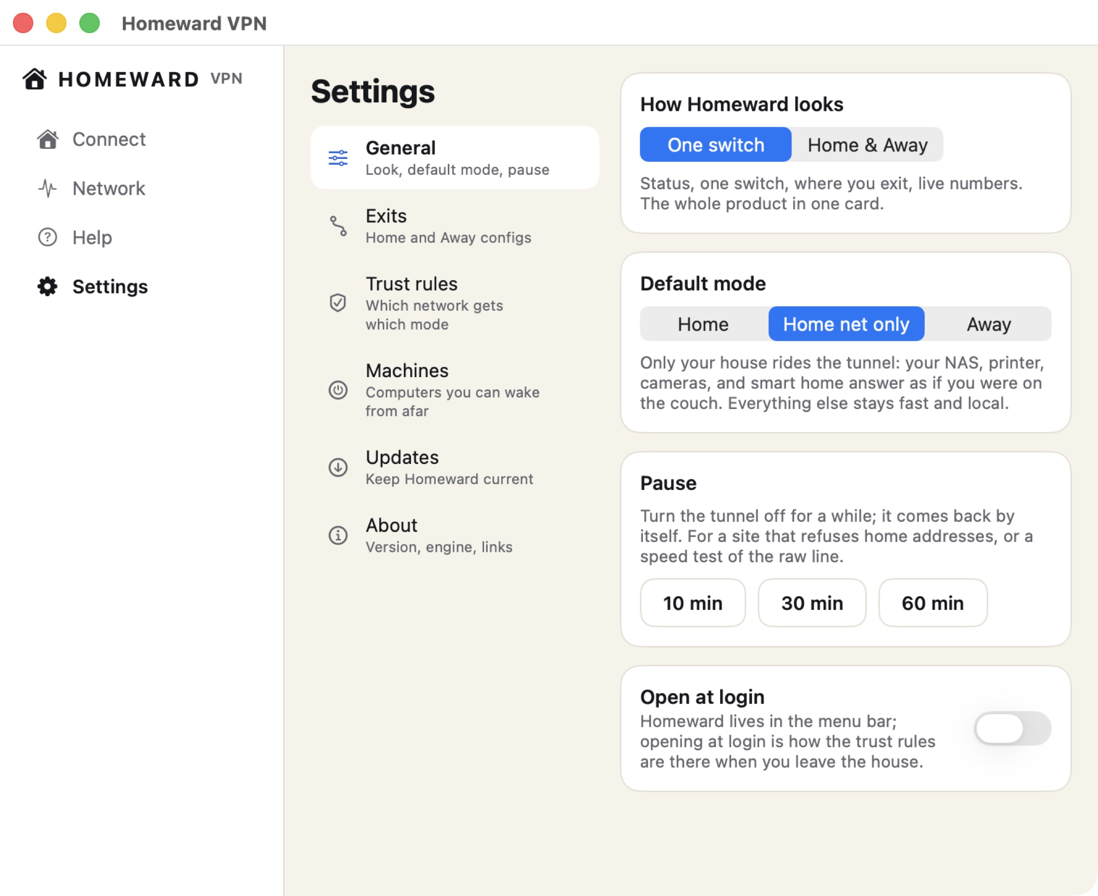 Homeward Settings on Mac: trust rules, default mode, machines you can wake, and pause controls